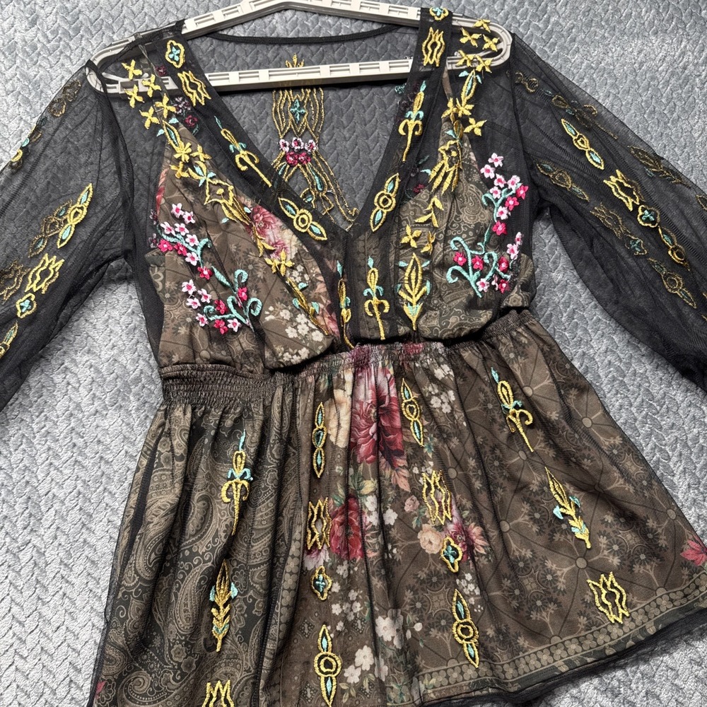 Wayward Fancies eShakti Tunic Top M  Boho Sheer Mesh‎ Embroidered Floral Blouse